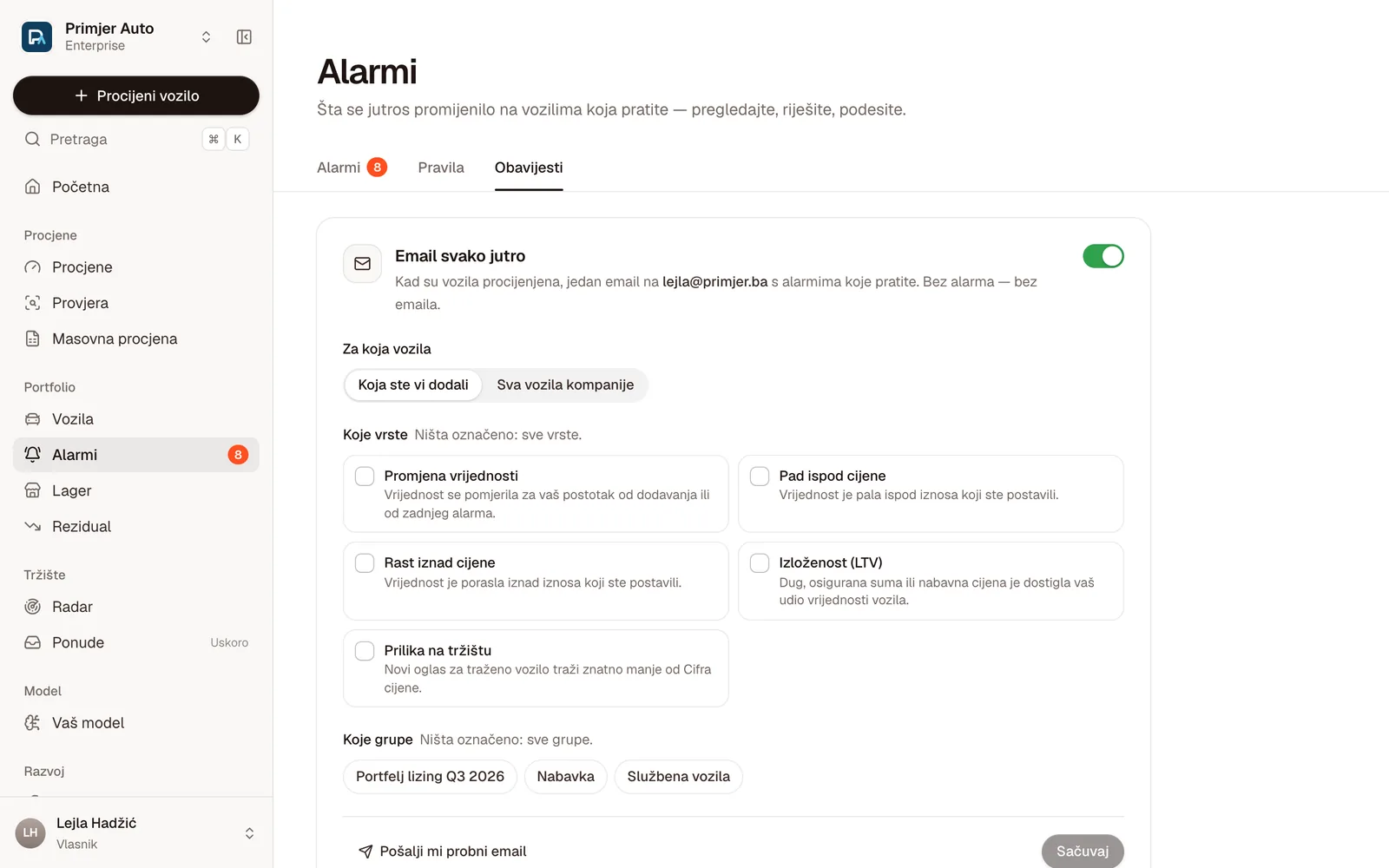Obavijesti: email svako jutro, za koja vozila, koje vrste alarma i koje grupe