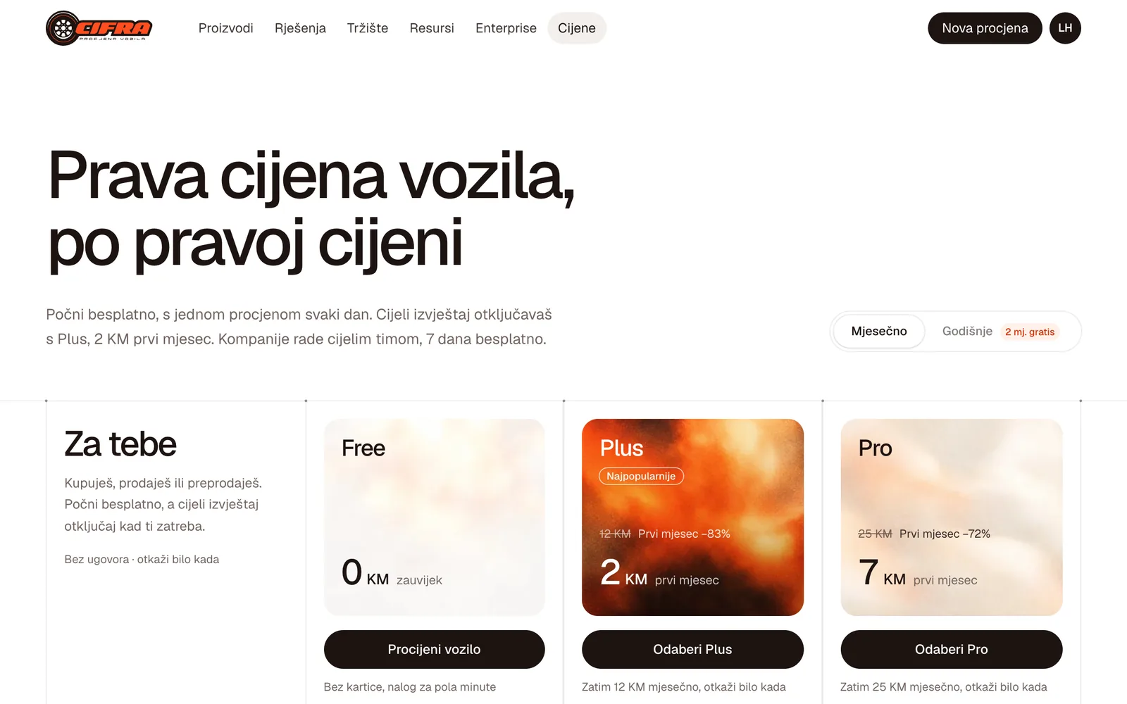 Cjenovnik za pojedince: Free 0 KM, Plus 2 KM prvi mjesec i Pro 7 KM prvi mjesec