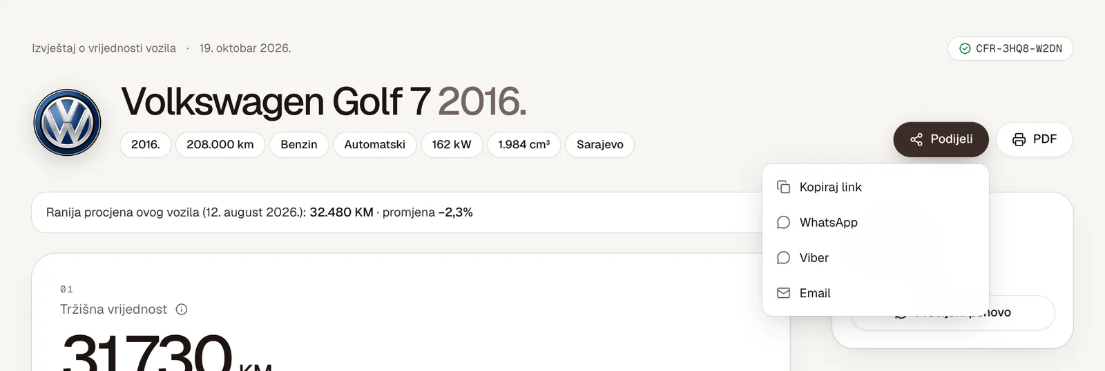 Zaglavlje izvještaja s otvorenim menijem Podijeli: Kopiraj link, WhatsApp, Viber i Email, i dugmetom PDF