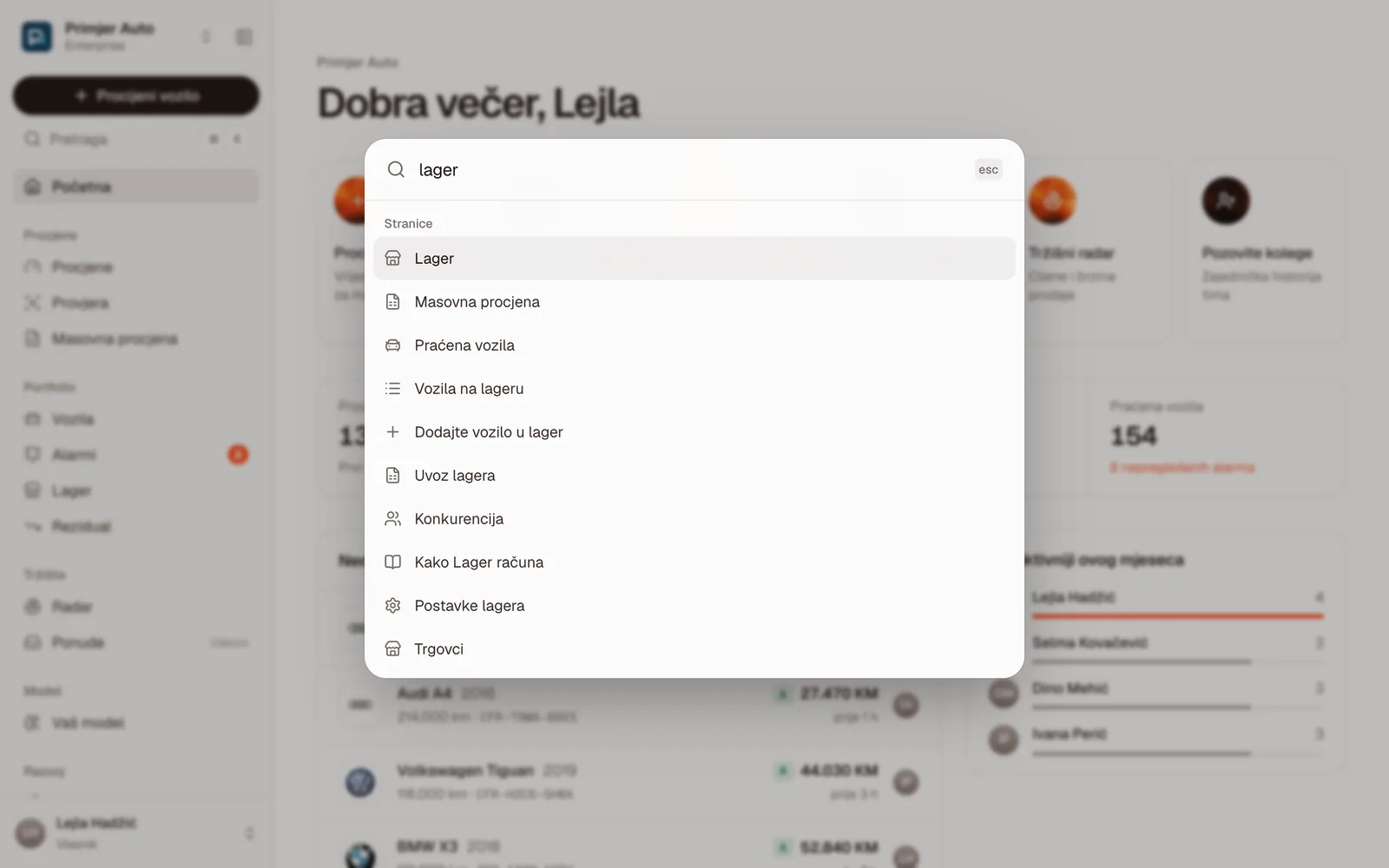 Komandni meni otvoren s ⌘K: pretraga „lager” pokazuje stranice Lager, Vozila na lageru, Uvoz lagera i druge