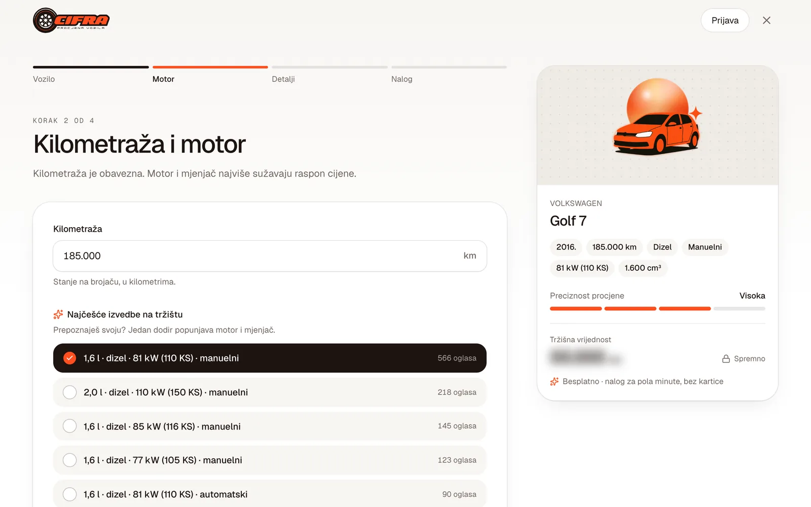 Korak Motor: kilometraža 185.000 km i odabrana izvedba 1,6 l dizel, 81 kW, manuelni