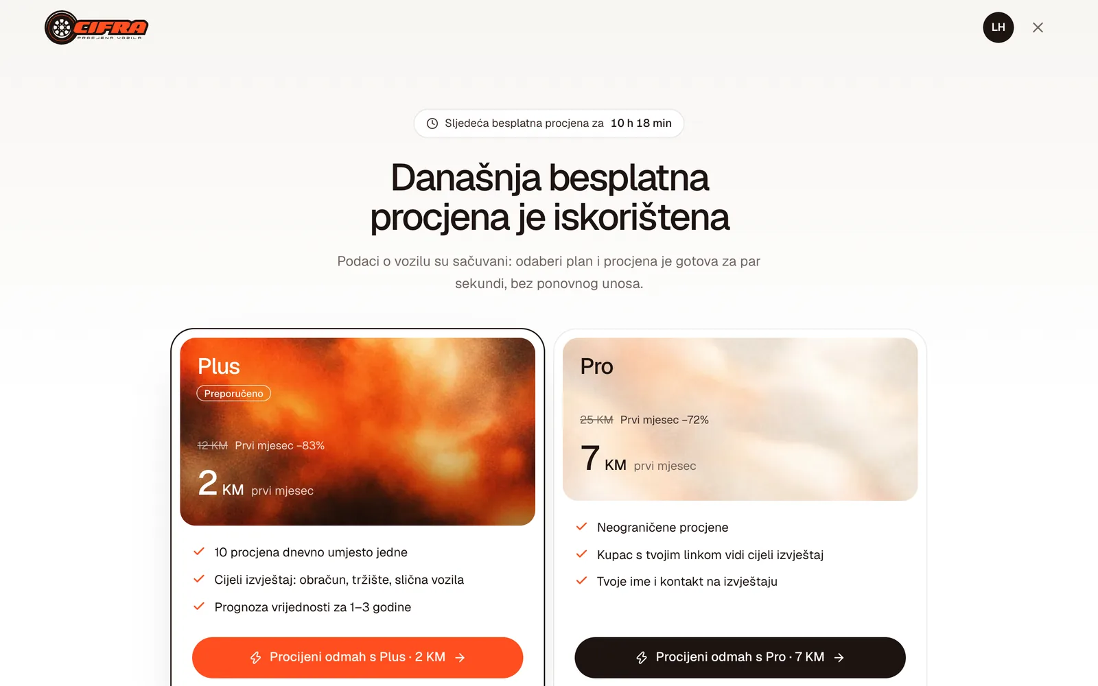 Ekran Današnja besplatna procjena je iskorištena: odbrojavanje do sljedeće i ponuda Plus i Pro plana
