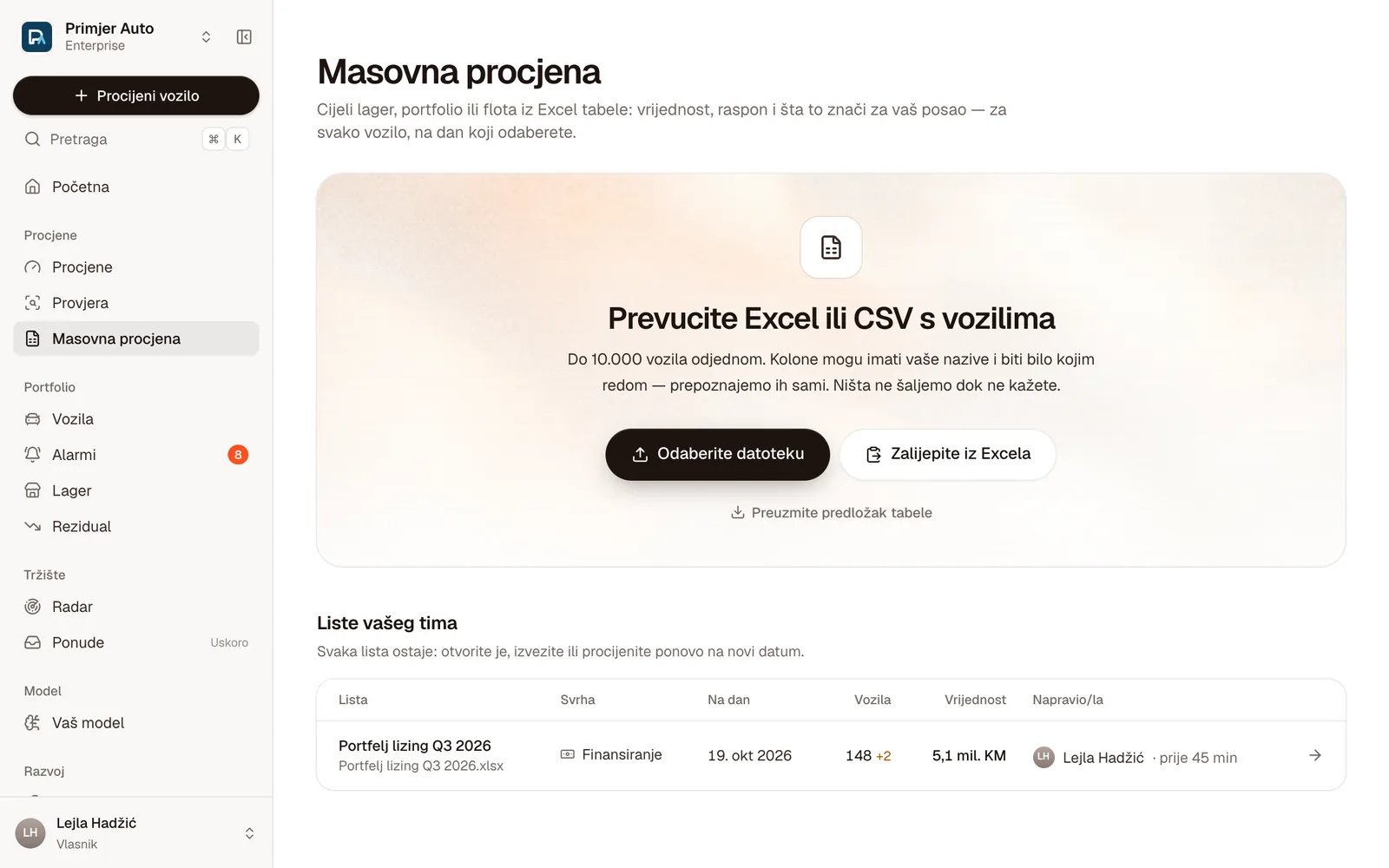 Masovna procjena: zona za Excel ili CSV fajl i liste tima