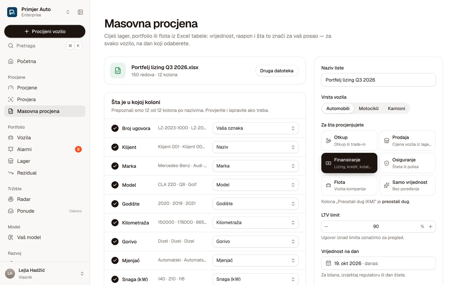 Kolone fajla prepoznate po nazivu: broj ugovora, klijent, marka, model, godište, kilometraža i druge, uz postavke liste