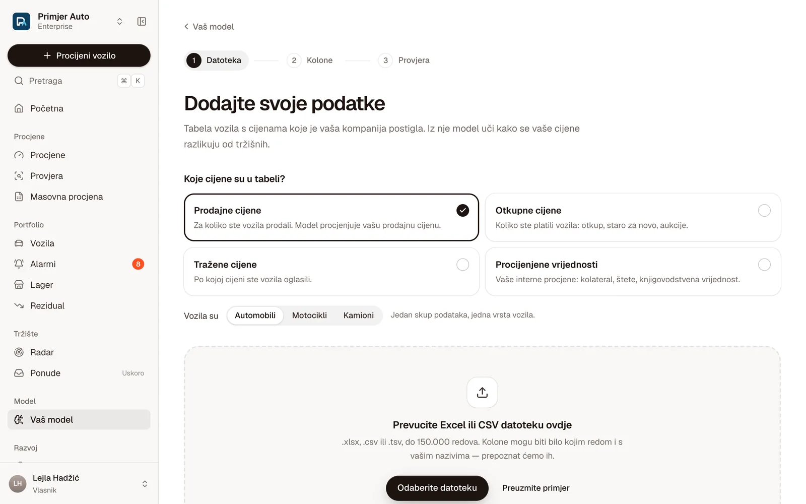 Dodajte svoje podatke: vrsta cijena u tabeli, vrsta vozila i fajl