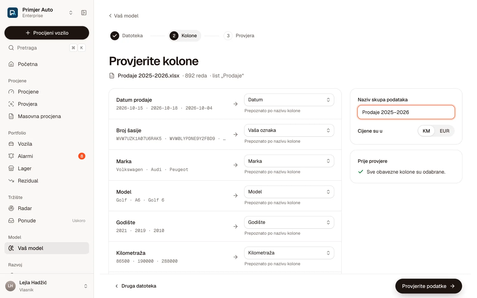 Provjerite kolone: datum prodaje, broj šasije, marka, model, godište i kilometraža prepoznati po nazivu