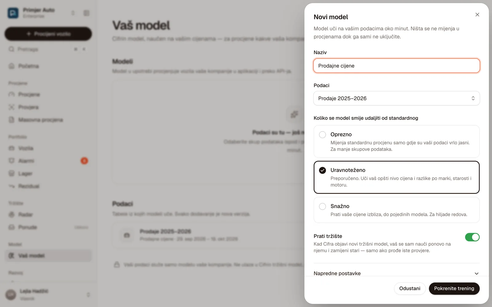 Dijalog Novi model: naziv, podaci, Oprezno, Uravnoteženo ili Snažno i Prati tržište