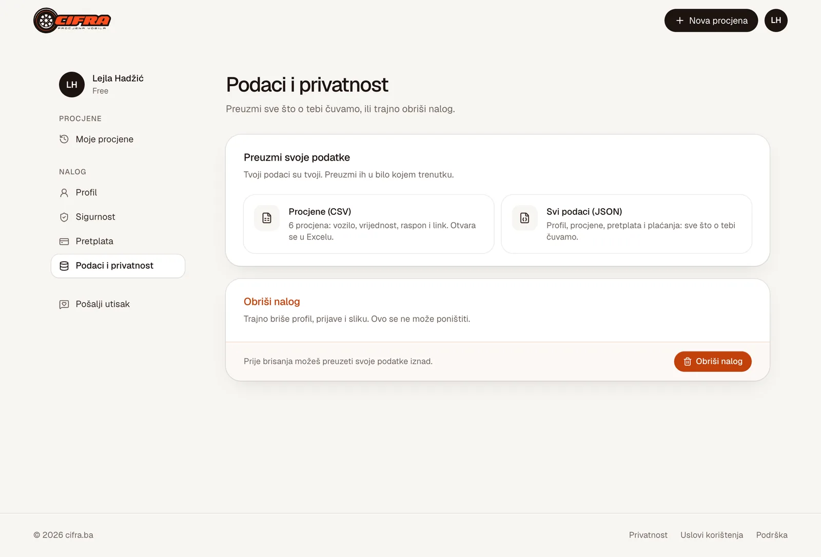 Stranica Podaci i privatnost: izvoz procjena u CSV, svi podaci u JSON i brisanje naloga