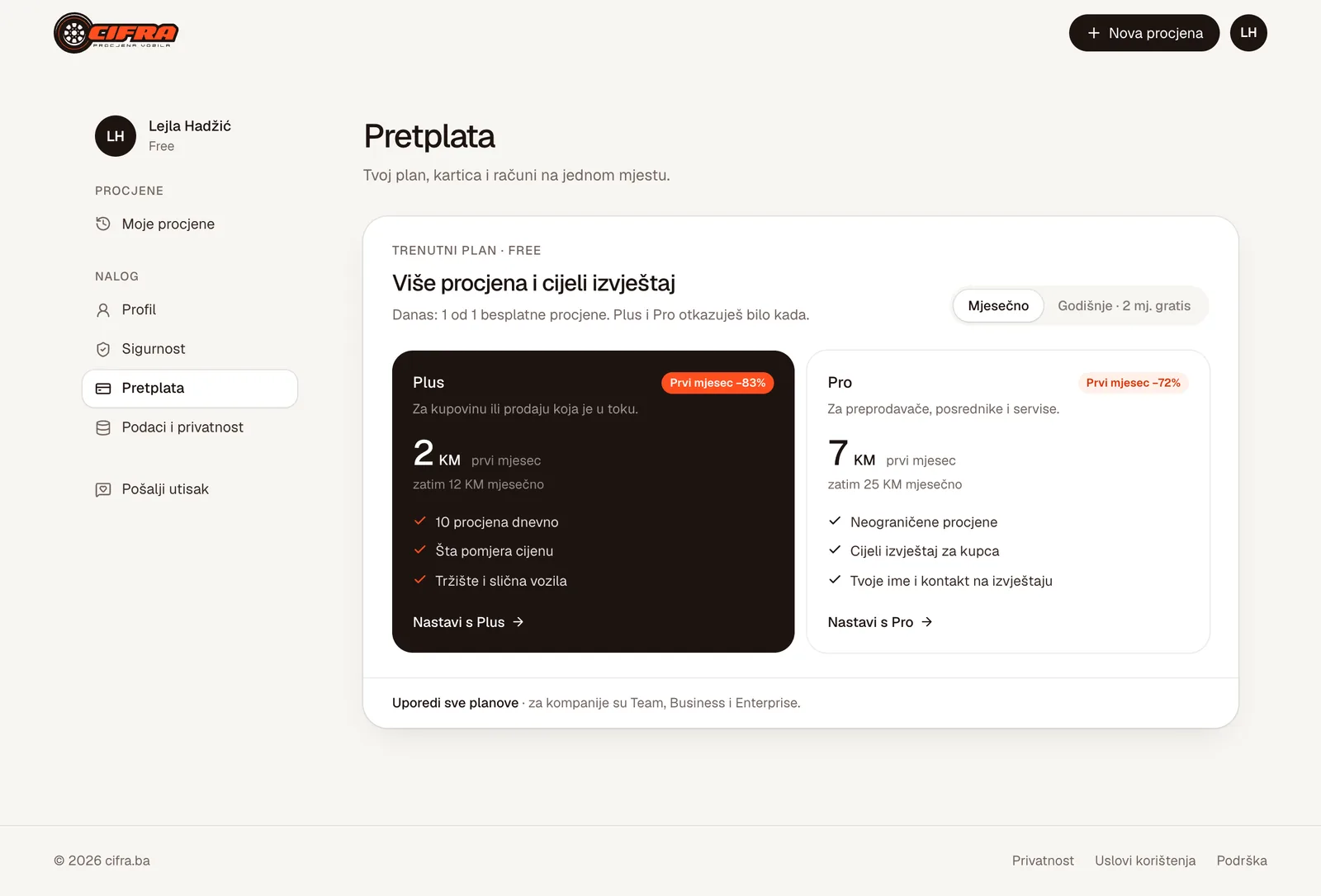 Stranica Pretplata na Free planu s ponudom Plus i Pro planova, mjesečno ili godišnje