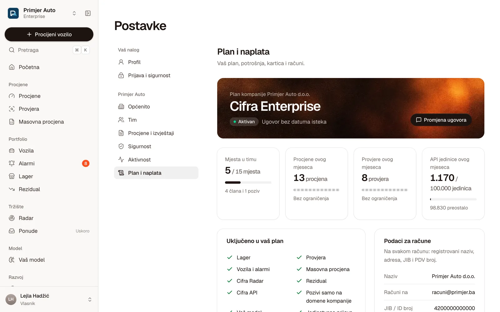 Postavke → Plan i naplata: plan Cifra Enterprise, mjesta, procjene, provjere i API jedinice ovog mjeseca