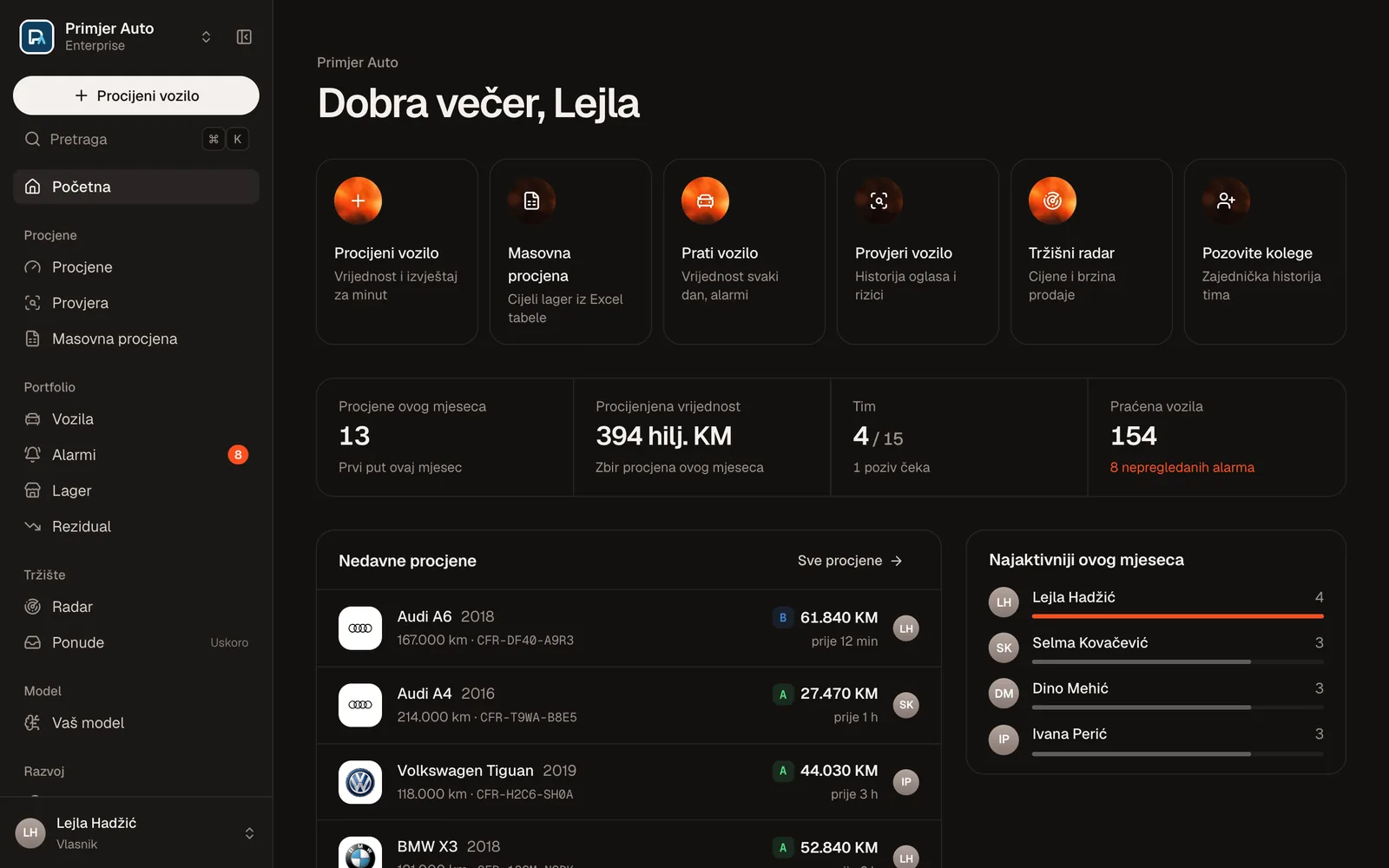 Početna stranica u tamnoj temi