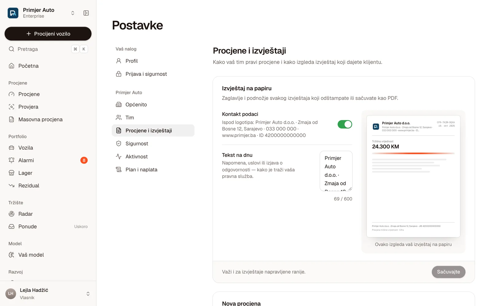 Postavke → Procjene i izvještaji: kontakt podaci, tekst na dnu i pregled izvještaja na papiru