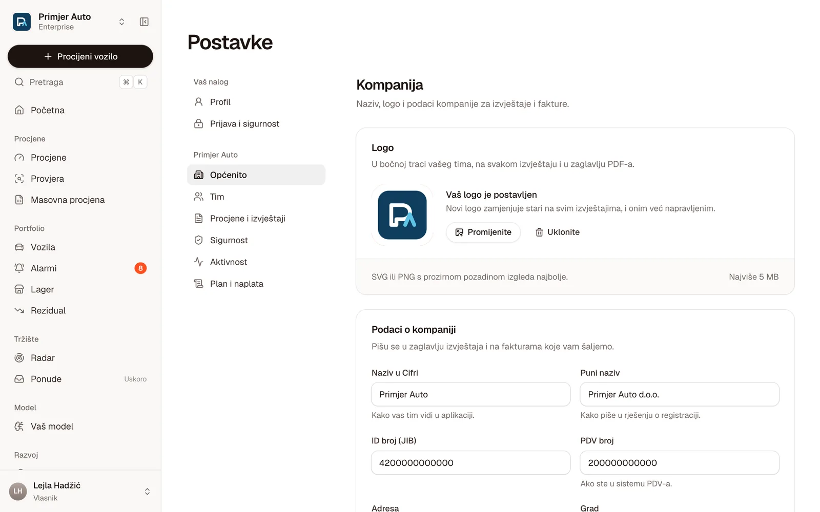 Postavke → Općenito: logo kompanije i podaci o kompaniji