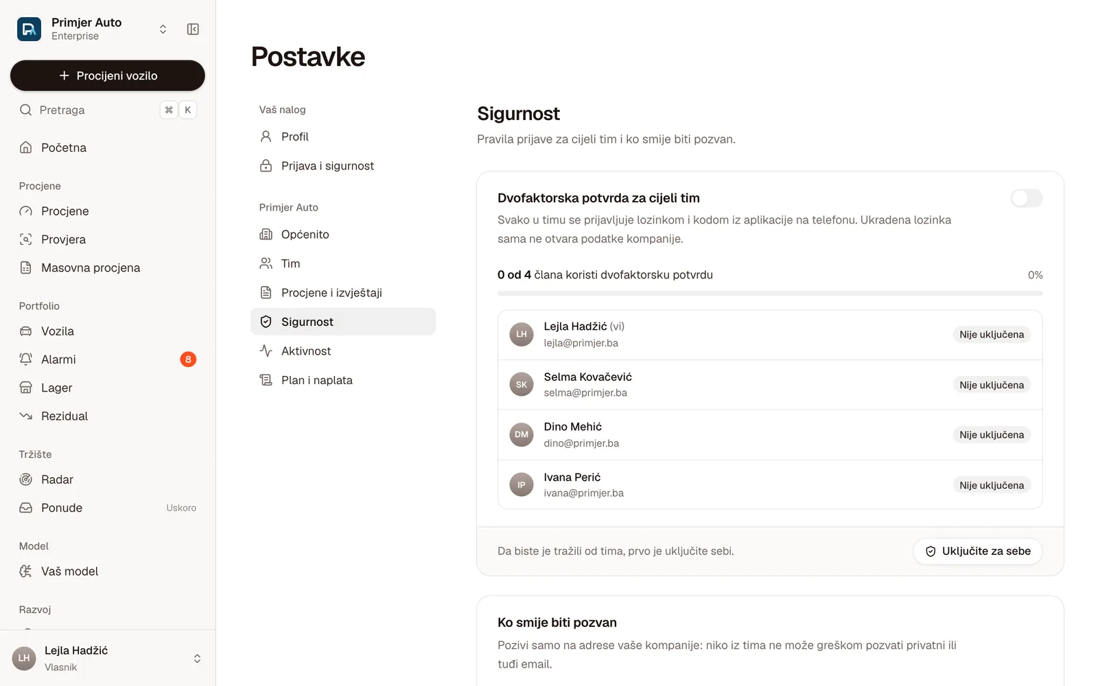 Postavke → Sigurnost: dvofaktorska potvrda za cijeli tim i lista članova