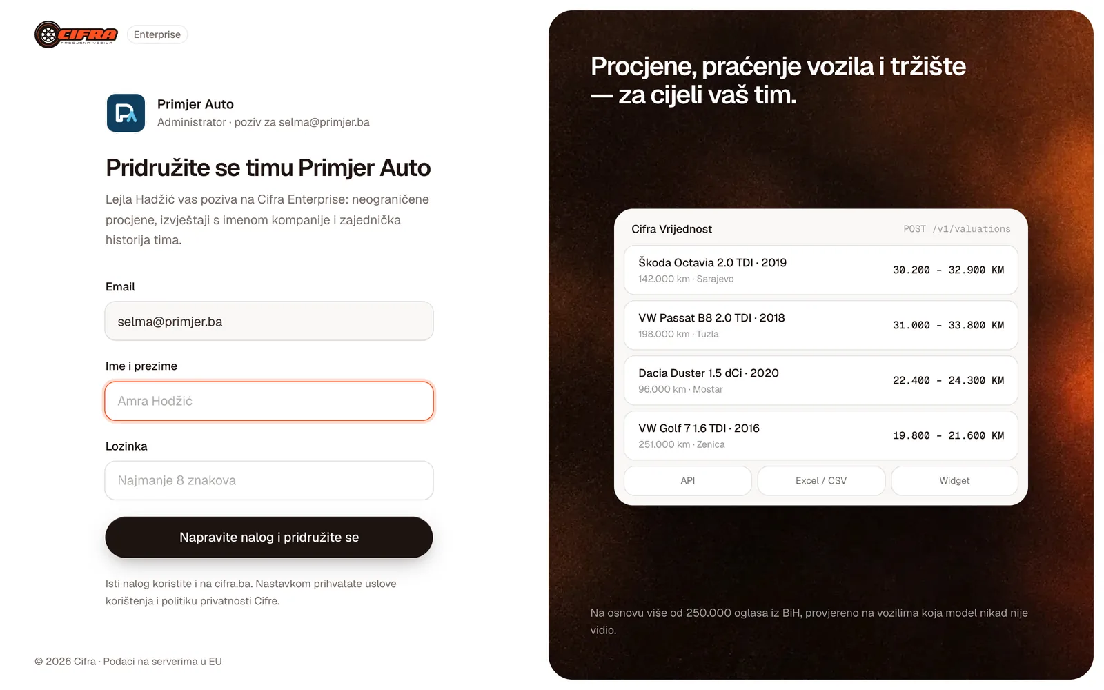 Stranica poziva: Pridružite se timu Primjer Auto, s poljima za ime i lozinku