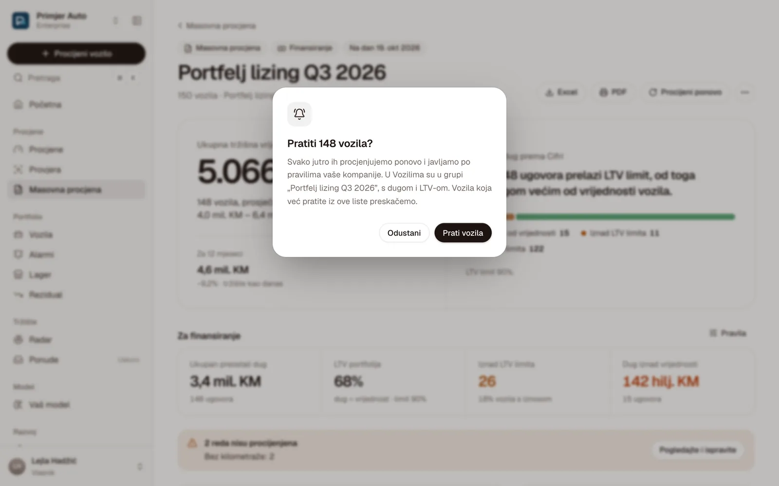 Dijalog Pratiti 148 vozila? sa objašnjenjem da se vozila svako jutro procjenjuju ponovo