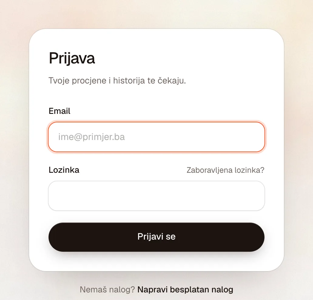 Forma Prijava s poljima Email i Lozinka