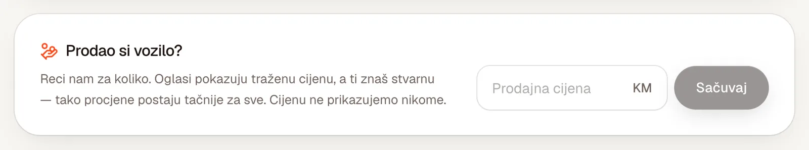 Polje Prodao si vozilo? s prodajnom cijenom u KM i dugmetom Sačuvaj