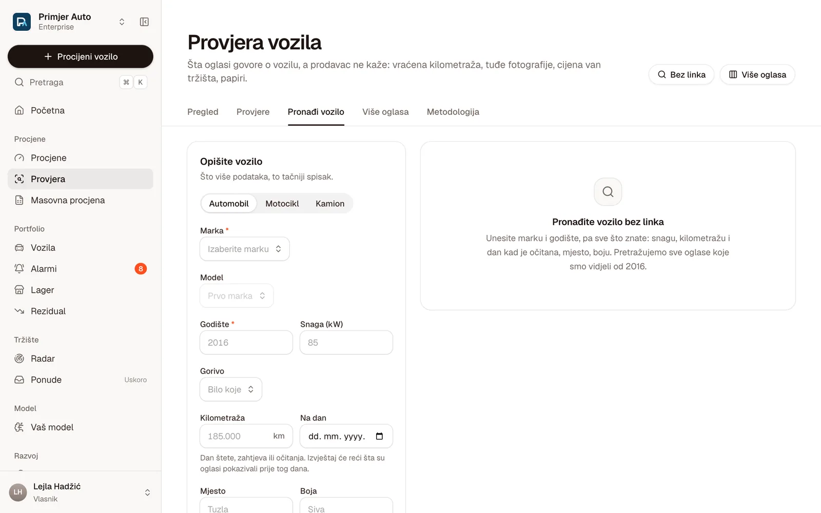 Pronađi vozilo: forma za opis vozila bez linka