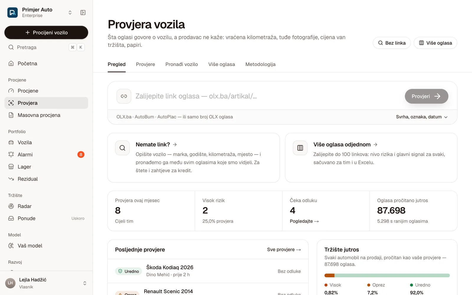 Provjera vozila: polje za link oglasa, Nemate link?, Više oglasa odjednom i mjesec tima