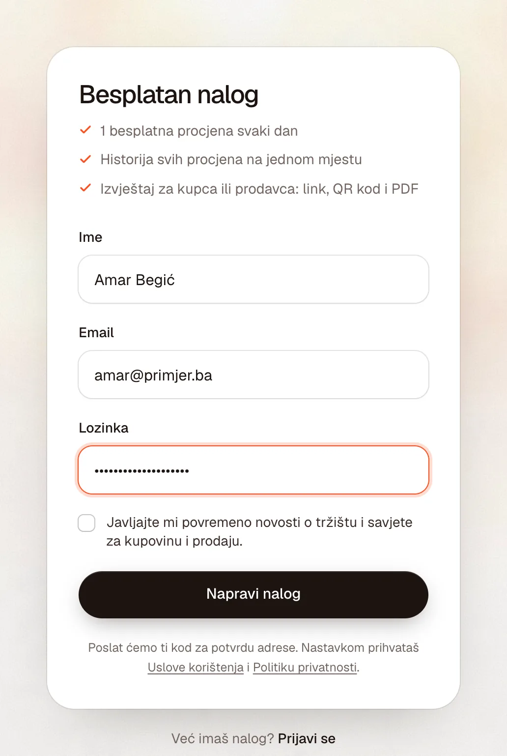 Forma Besplatan nalog s poljima Ime, Email i Lozinka