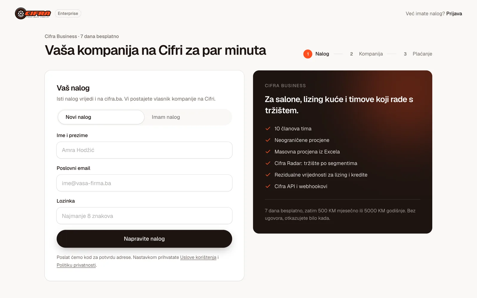 Prvi korak pretplate: Vaš nalog, uz pregled Business plana i 7 dana besplatno
