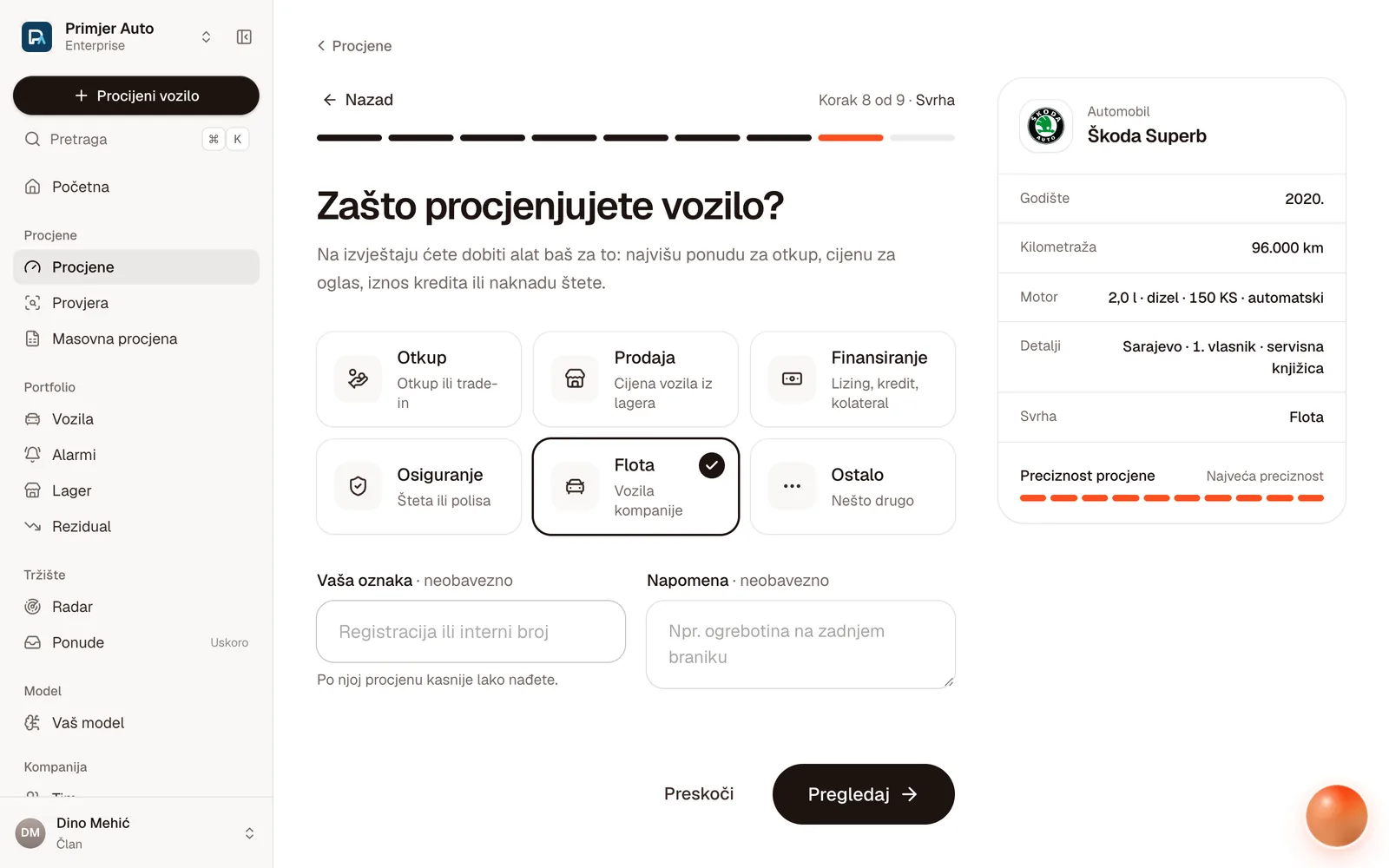 Korak Svrha: Otkup, Prodaja, Finansiranje, Osiguranje, Flota i Ostalo, s poljem za vašu oznaku i napomenom