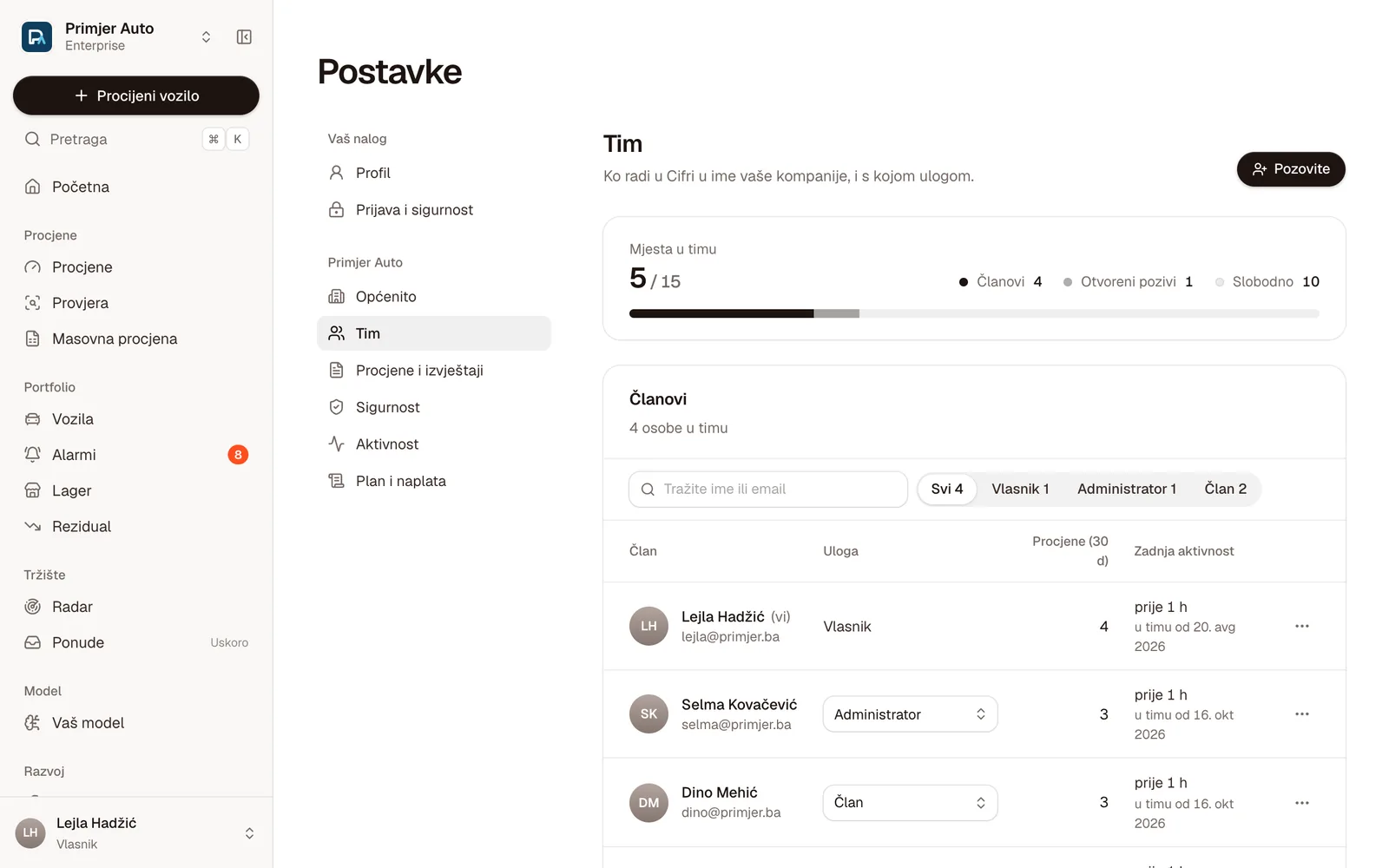 Postavke → Tim: mjesta u timu, lista članova s ulogama, procjenama i zadnjom aktivnošću