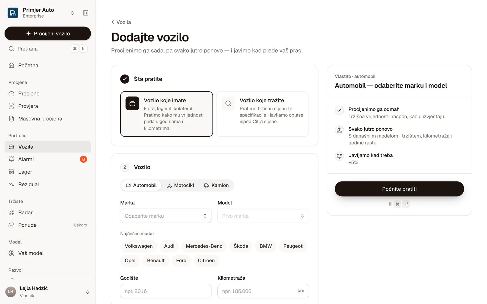 Dodajte vozilo: Vozilo koje imate ili Vozilo koje tražite, pa marka, model, godište i kilometraža
