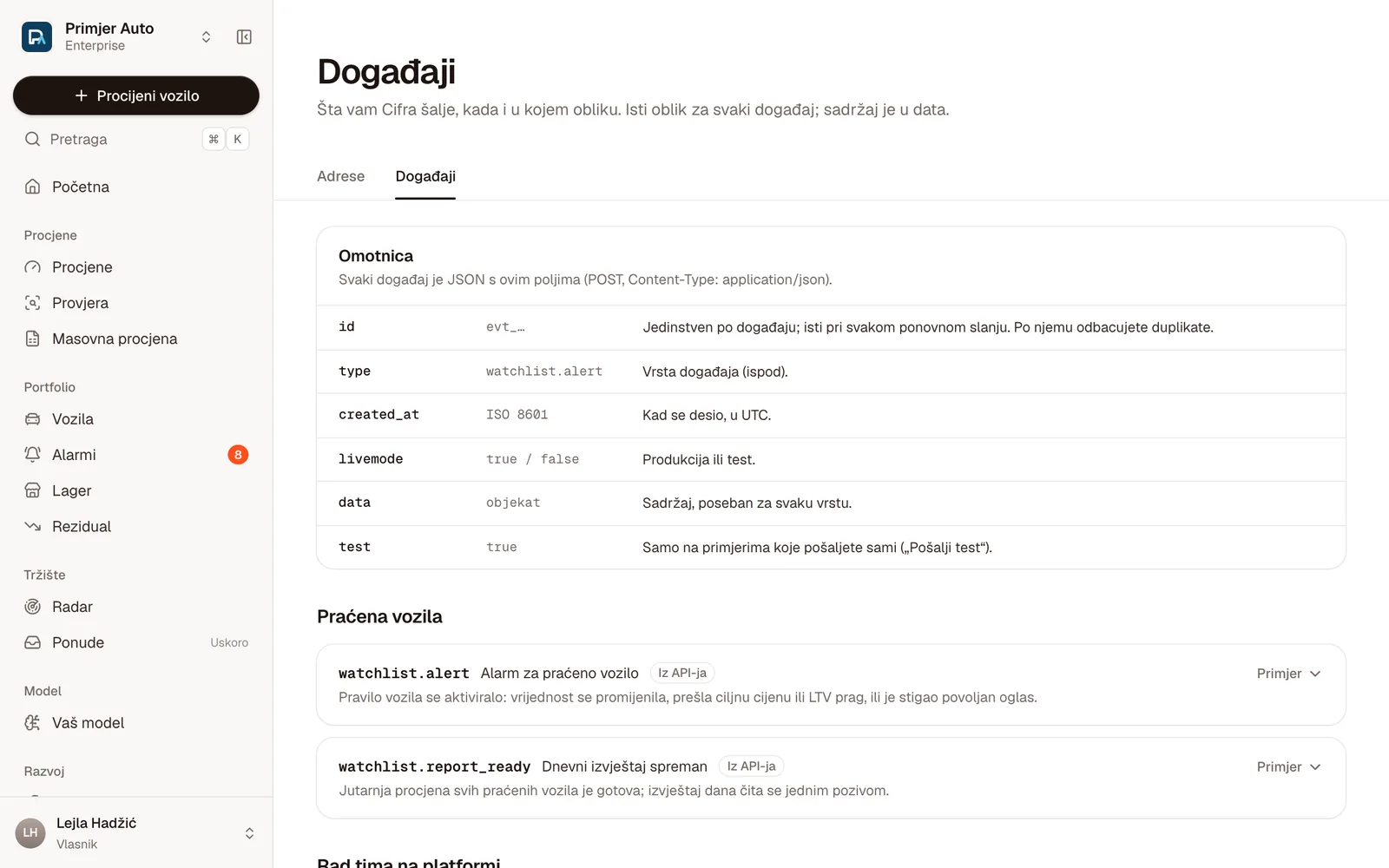 Događaji: omotnica događaja (id, type, created_at, livemode, data, test) i događaji praćenih vozila