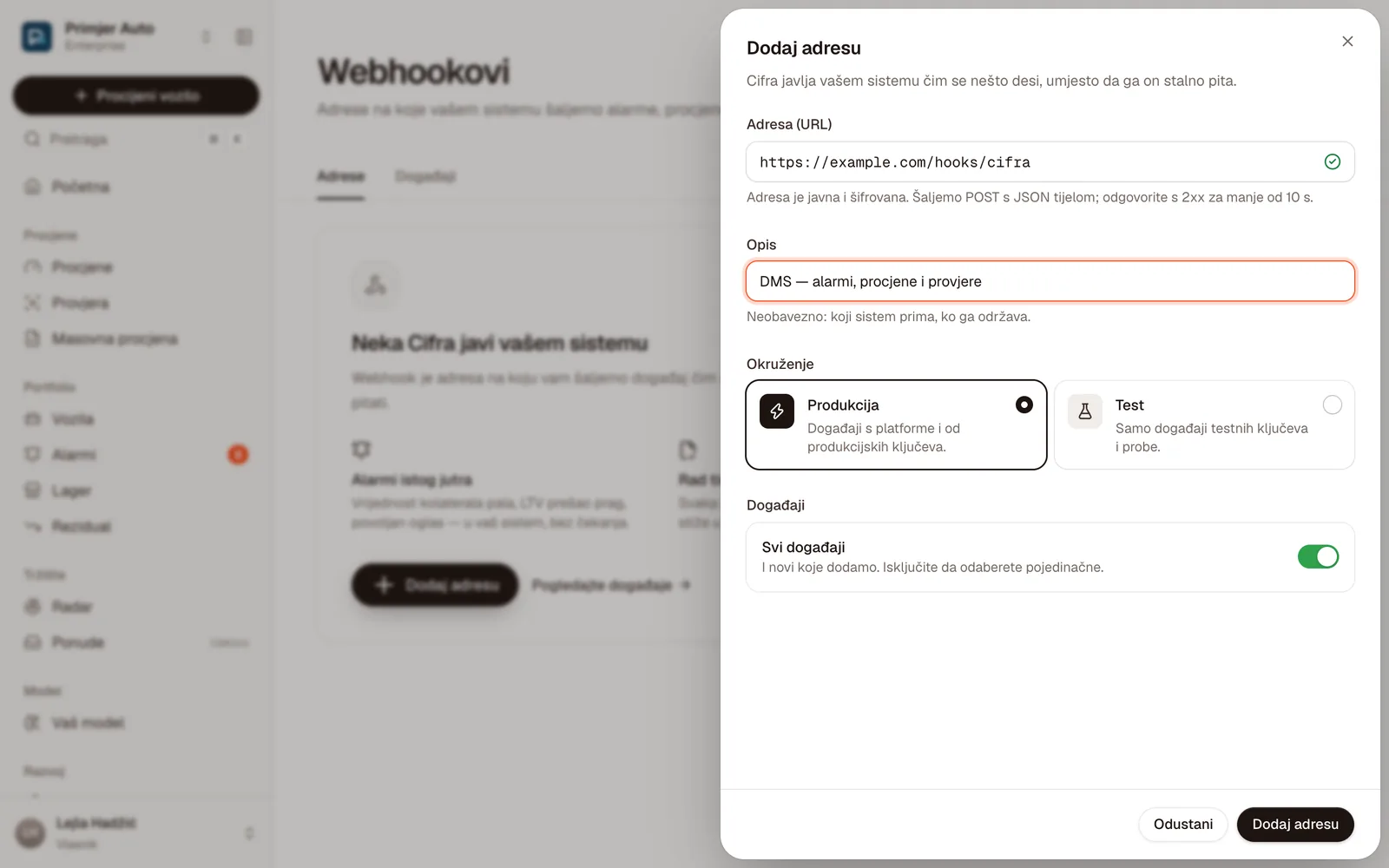 Dodaj adresu: URL, opis, okruženje Produkcija ili Test i svi događaji