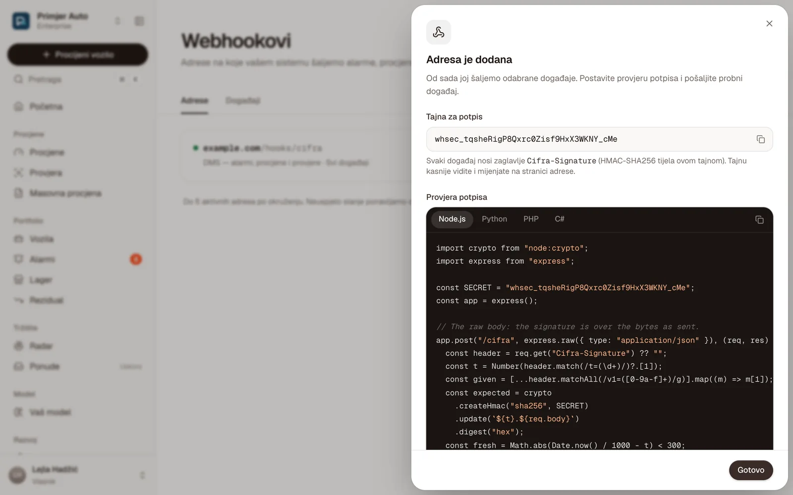 Adresa je dodana: tajna za potpis i kod za provjeru potpisa u Node.js