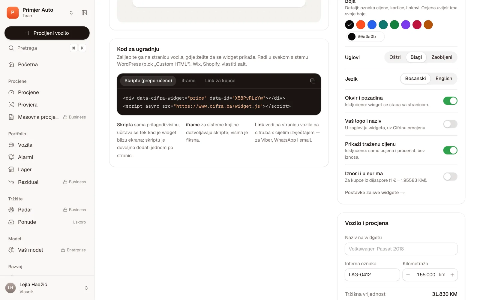 Kod za ugradnju: skripta, iframe ili link za kupce, i izgled ovog koda s temom, bojom, uglovima i jezikom