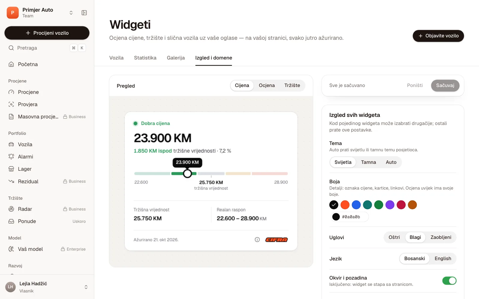 Izgled i domene: pregled widgeta Cijena i postavke teme, boje, uglova, jezika i okvira