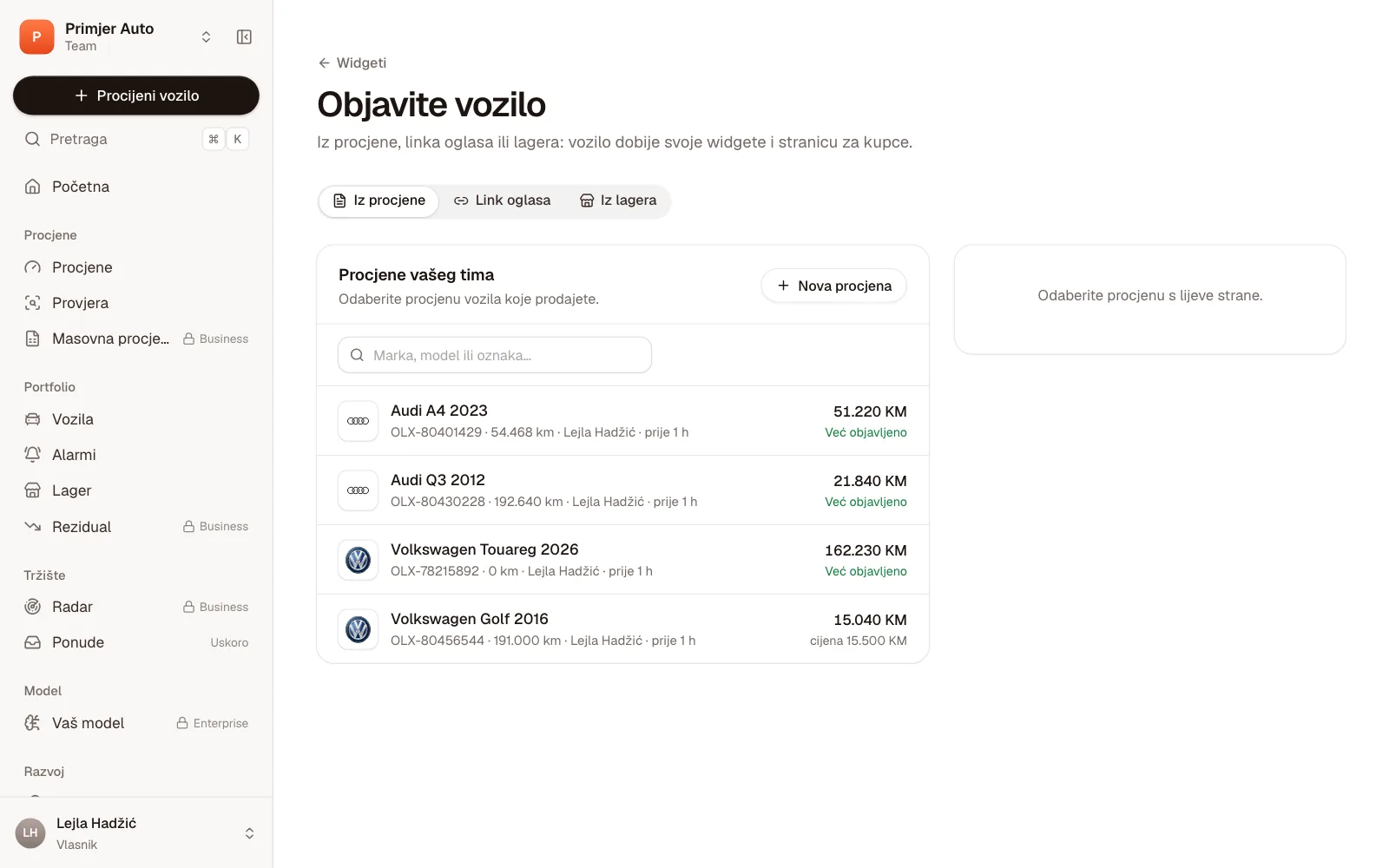Objavite vozilo: Iz procjene, Link oglasa ili Iz lagera, i lista procjena tima s oznakom Već objavljeno